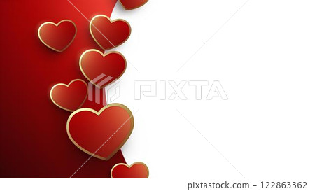 Romantic design background featuring spectacular red 3D hearts with gold border on red and white gradient background with space for text. Romantic design background featuring spectacular red 3D hearts with gold border on red and white gradient background with space for text. 122863362