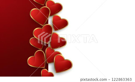 Romantic design background featuring spectacular red 3D hearts with gold border on red and white gradient background with space for text. 122863363
