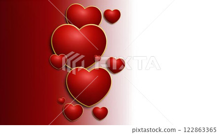 Romantic design background featuring spectacular red 3D hearts with gold border on red and white gradient background with space for text. 122863365