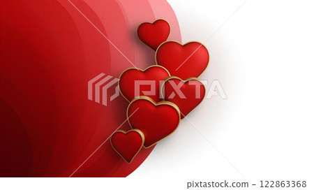 Romantic design background featuring spectacular red 3D hearts with gold border on red and white gradient background with space for text. 122863368