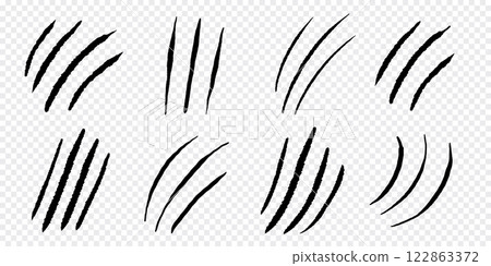 Claw marks scratches silhouette, cat or wild animal scrape track scratches paw shape isolated on white background. Nails trace texture with torn edge. 122863372