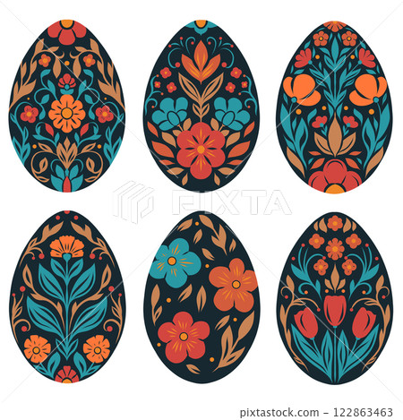 Vector set of Easter egg clip art in folk art style. Collection of illustrations of decorative holiday eggs. Spring treats with floral ornament 122863463
