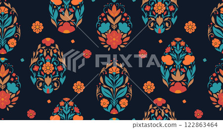 Vector seamless pattern with Easter eggs in folk art style on dark background. Texture with decorative holiday eggs. Wallpaper with floral ornament. 122863464