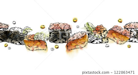 Traditional Japanese food, gunkan inari sushi with caviar cucumber ginger, raw fish salmon tuna crab, hand drawn in watercolor and ink. Seamless banner for restaurant, cafe menu, kitchen, recipe book 122863471