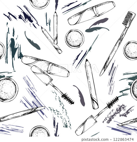 Make-up mascara tube smudge brush eyebrow eyelash pencil crayon liner. Isolated seamless pattern, detailed line vector sketch, ink hand drawn. Beauty parlor illustration, packaging, cosmetics shop 122863474