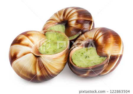 escargot snail filled with garlic and parsley butter isolated on white background 122863504