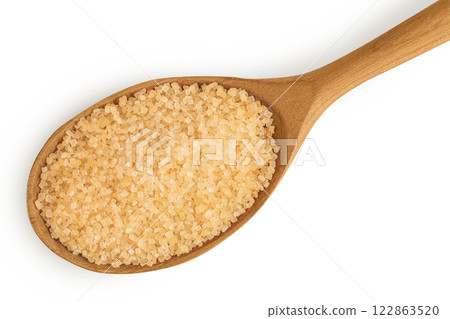The brown sugar in wooden spoon isolated on white background. Top view. Flat lay 122863520