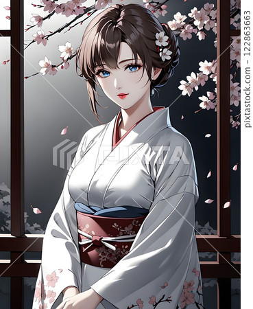 A woman in a kimono standing under a cherry tree 122863663