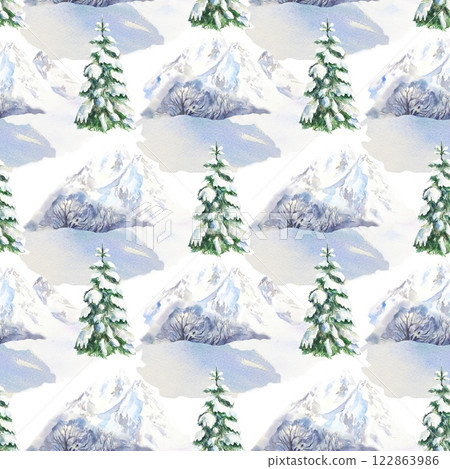 Winter landscape with snowy mountains, snowdrifts, fir trees. Seamless pattern. Hand drawn watercolor illustration. Wrapping paper, textile, covers, fabric, wallpaper, New Year and Christmas cards. 122863986