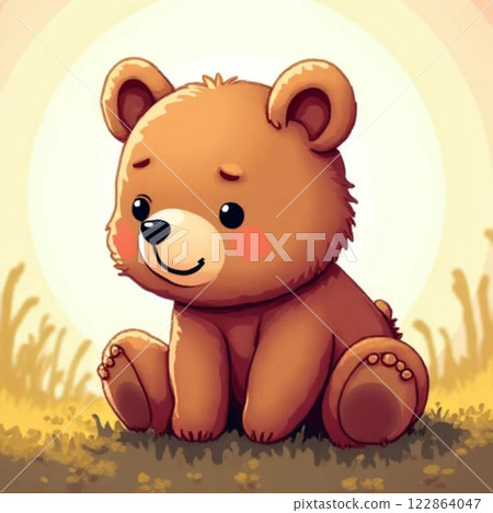 A cute teddy bear sits in a flower garden 122864047