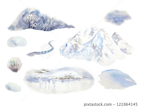 Winter landscape elements, mountains, trees, snowdrifts, bush, road. Hand drawn watercolor illustration isolated on white. Greeting cards, covers, invitations, flyers, Christmas and New Year banners. Winter landscape elements, mountains, trees, snowdrifts, bush, road. Hand drawn watercolor illustration isolated on white. Greeting cards, covers, invitations, flyers, Christmas and New Year banners. 122864145