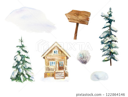 Elements of winter landscape constructor. Snowdrift, house, spruce, pine, bush, wooden signpost. Hand drawn watercolor illustration isolated. Postcards, invitations, New Year and Christmas banners. 122864146