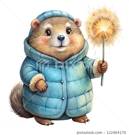 Groundhog  fireworks  wearing winter clothes 122864178