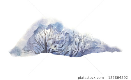 Trees covered with frost, winter landscape element. Hand drawn watercolor illustration isolated on white. For postcards, invitations, New Year and Christmas banners, posters. Trees covered with frost, winter landscape element. Hand drawn watercolor illustration isolated on white. For postcards, invitations, New Year and Christmas banners, posters. 122864292