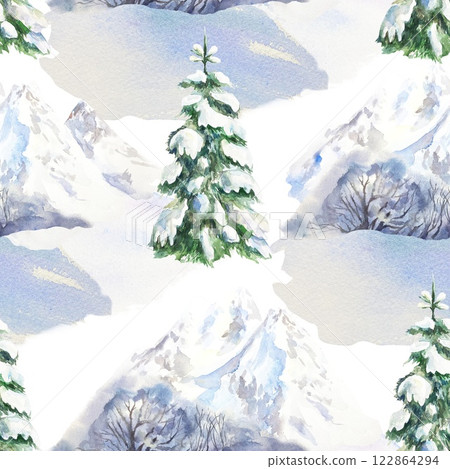 Winter landscape with snowy mountains, fir trees, snowdrifts. Seamless pattern. Hand drawn watercolor illustration isolated. Wrapping paper, covers, fabric, wallpaper, New Year and Christmas cards. 122864294