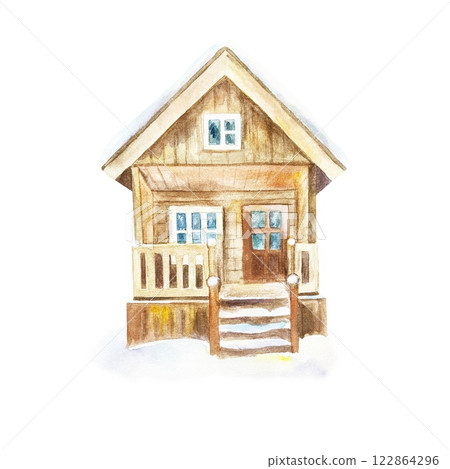Wooden house hut for winter country recreation. Hand drawn watercolor illustration isolated on white. For postcards, invitations, New Year and Christmas banners. Wooden house hut for winter country recreation. Hand drawn watercolor illustration isolated on white. For postcards, invitations, New Year and Christmas banners. 122864296