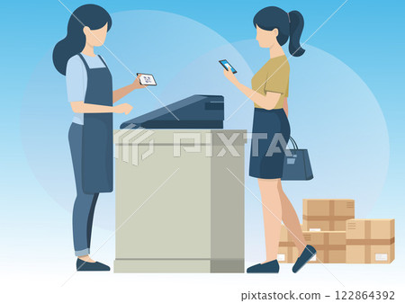Flat illustration of customer paying by scanning from bank app. Empty background. 122864392