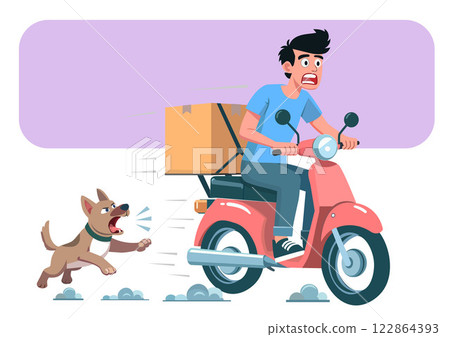 Flat illustration .A dog chases a man riding a motorcycle or scooter delivery man. He is startled. Flat illustration .A dog chases a man riding a motorcycle or scooter delivery man. He is startled. 122864393
