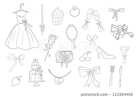 Romantic coquette set wedding feminine collection. Cute doodle bow, ribbon. Heart, flowers and presents, love letter. Romantic coquette set wedding feminine collection. Cute doodle bow, ribbon. Heart, flowers and presents, love letter. 122864408