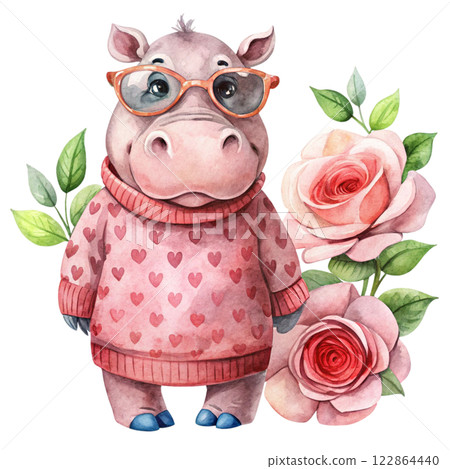 Hippopotamus rose Valentine Watercolor 122864440