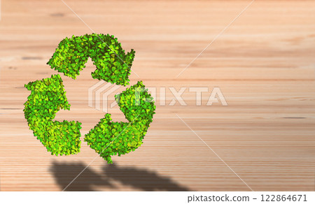 Eco-Friendly Symbolism: Green Recycle Icon on Natural Wooden Background Eco-Friendly Symbolism: Green Recycle Icon on Natural Wooden Background 122864671