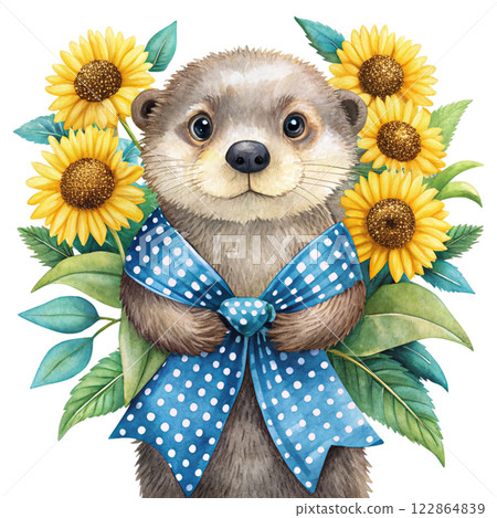 kawaii sea otter  bouquet  bow clipart watercolor  122864839
