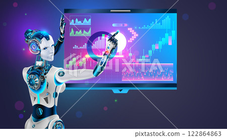 Robot AI trader analyses chart of stock exchange market. Woman robot trader education trading. Automated trading AI system. Bot trader developing trading strategy on stock exchange market. Ai fintech 122864863