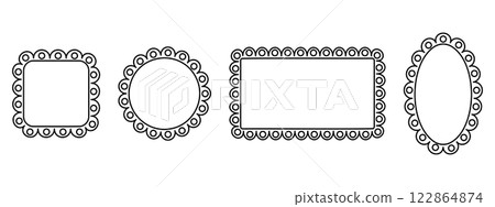 Set of rectangle and square, oval and circle frames with scalloped edges. Vignettes for photo or picture with frilly borders. Empty boxes, tags or labels. Vector graphic illustration 122864874