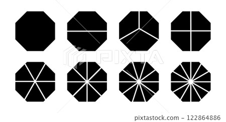Octagon shapes divided into segments from 2 to 12 isolated on white background. Geometric formscut in equal parts. Simple diagrams or business charts templates. Vector graphic illustration Octagon shapes divided into segments from 2 to 12 isolated on white background. Geometric formscut in equal parts. Simple diagrams or business charts templates. Vector graphic illustration 122864886