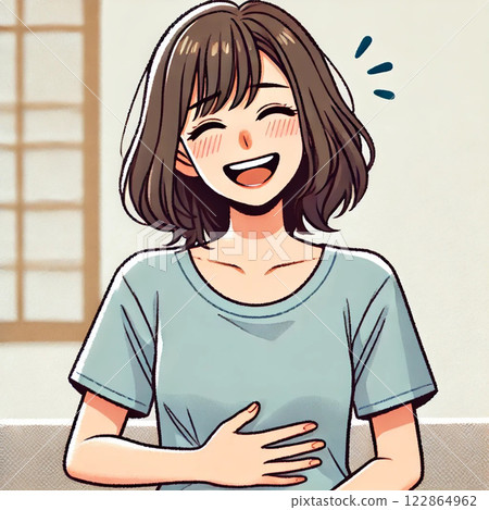 Color illustration of a Japanese woman laughing out loud while holding her stomach Color illustration of a Japanese woman laughing out loud while holding her stomach 122864962