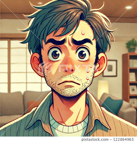 Color illustration of a Japanese father with an exaggerated worried expression Color illustration of a Japanese father with an exaggerated worried expression 122864963