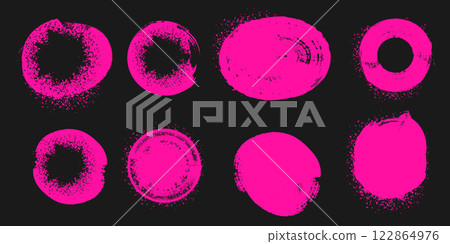 Round pink grunge shape set isolated on black background. Abstract pink Grunge banner background and speech bubble set. Punk rock sticker set 122864976