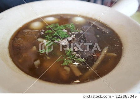 noodle, Chinese noodle or pork noodle or blood jelly soup noodle, Chinese noodle or pork noodle or blood jelly soup 122865049