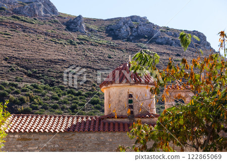 Detail of architecture church in Vathia town, Mani Greece. 122865069