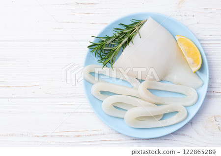Squid tube and ring photography . Seafood top view Squid tube and ring photography . Seafood top view 122865289