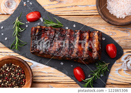 Grilled Pork ribs barbecue photography . Top view 122865306