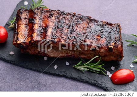 Grilled Pork ribs barbecue photography . Top view 122865307