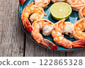 Grilled Tiger shrimps with lime photography . Top view 122865328