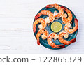 Grilled Tiger shrimps with lime photography . Top view 122865329