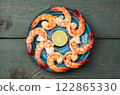 Grilled Tiger shrimps with lime photography . Top view 122865330