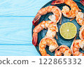 Grilled Tiger shrimps with lime photography . Top view 122865332