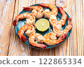 Grilled Tiger shrimps with lime photography . Top view 122865334