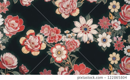 黑色背景上有華麗花卉圖案的日式壁紙 黑色背景上有華麗花卉圖案的日式壁紙 122865804