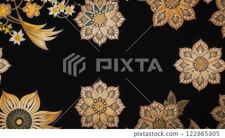 黑色背景上帶有暗金色花卉圖案的日式壁紙 黑色背景上帶有暗金色花卉圖案的日式壁紙 122865805