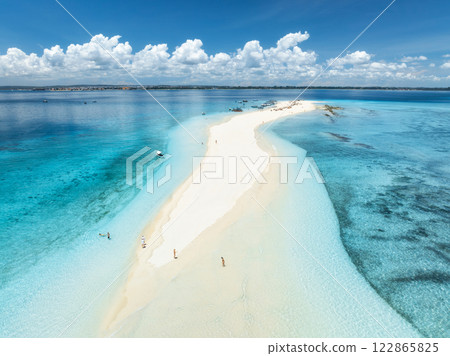 Aerial view of island, sandbank with white sandy beach, blue sea Aerial view of island, sandbank with white sandy beach, blue sea 122865825