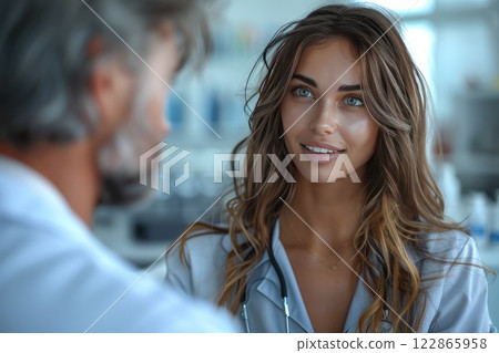 Insurance agents discussing cyber insurance policies with a tech company 122865958