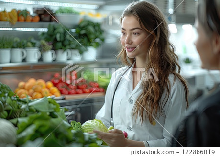 nutritionist advising a patient on a healthy eating plan in a consultation room nutritionist advising a patient on a healthy eating plan in a consultation room 122866019
