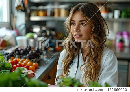 nutritionist advising a patient on a healthy eating plan in a consultation room 122866020