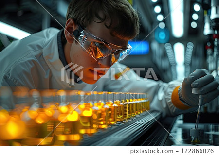 student conducting a science experiment with test tubes and lab equipment 122866076