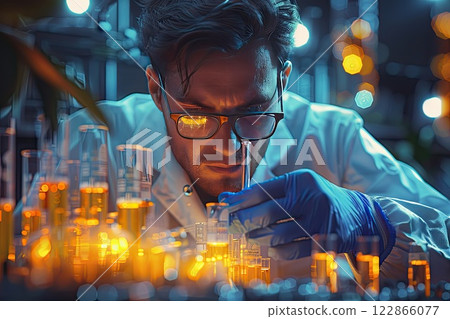student conducting a science experiment with test tubes and lab equipment 122866077